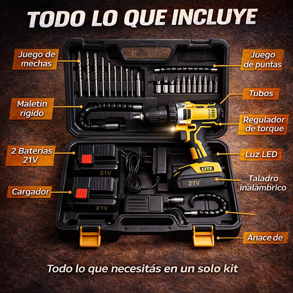 [PROMO] Taladro Inalambrico Industrial - 2 bater铆as + malet铆n + accesorios 馃敟